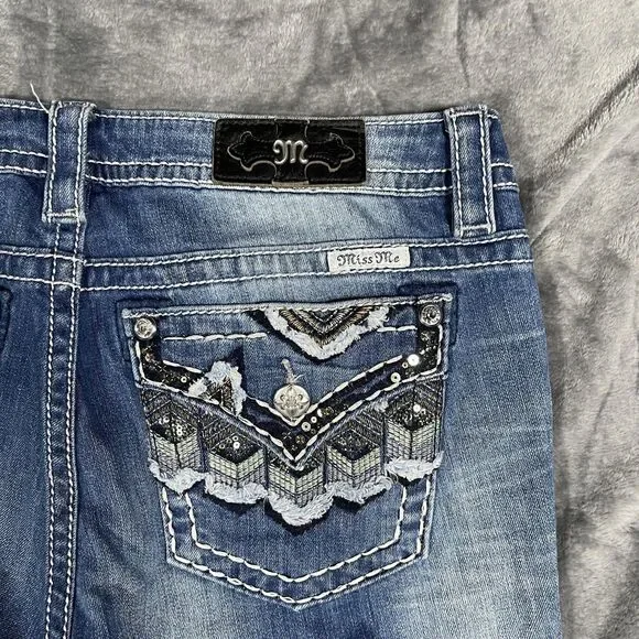 Miss Me Skinny Jeans Womens 31 Blue Medium Wash Embroidered Sequin Fringe - Picture 10 of 11
